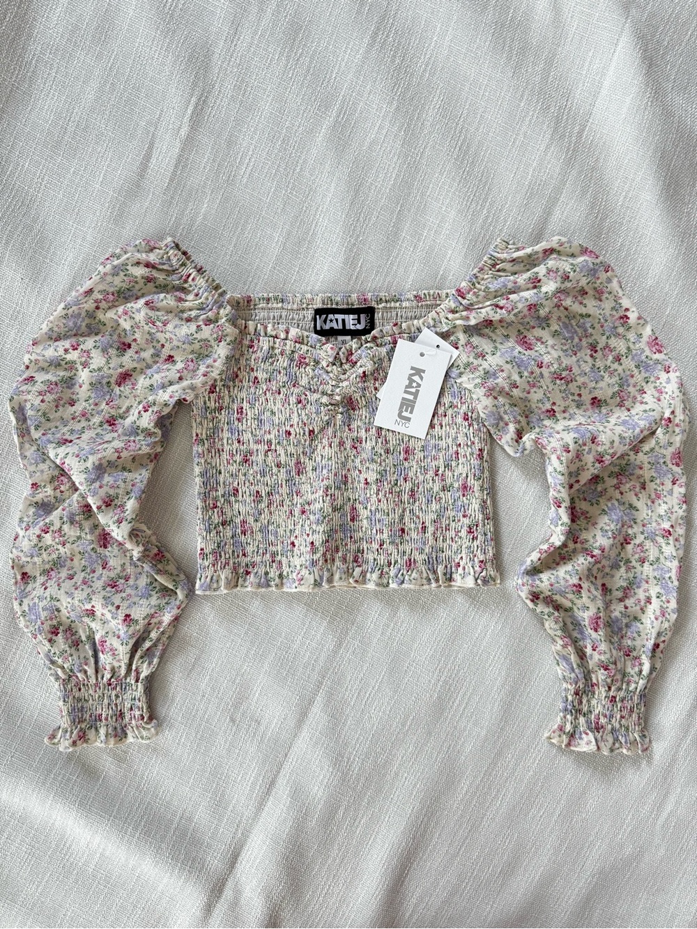 Katie J NYC Cream Floral Smocked Off-Shoulder Crop Top